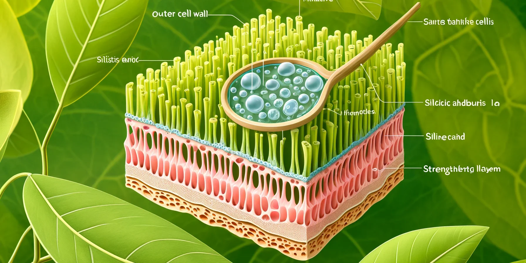 DALL·E 2024-05-24 10.31.24 – A detailed illustration showing the outer cell wall of a plant leaf, highlighting how silicic acid strengthens it. The outer cell wall should be shown