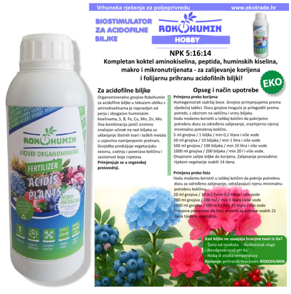 ROKOHUMIN HOBBY  5:16:14 biostimulator – kompletan koktel eko hranjiva za prihranu acidofilnih biljki - 1 lit